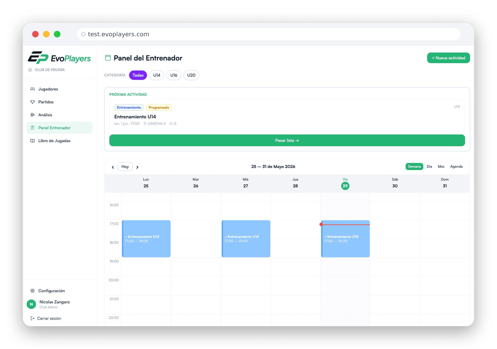 Panel del entrenador — calendario semanal