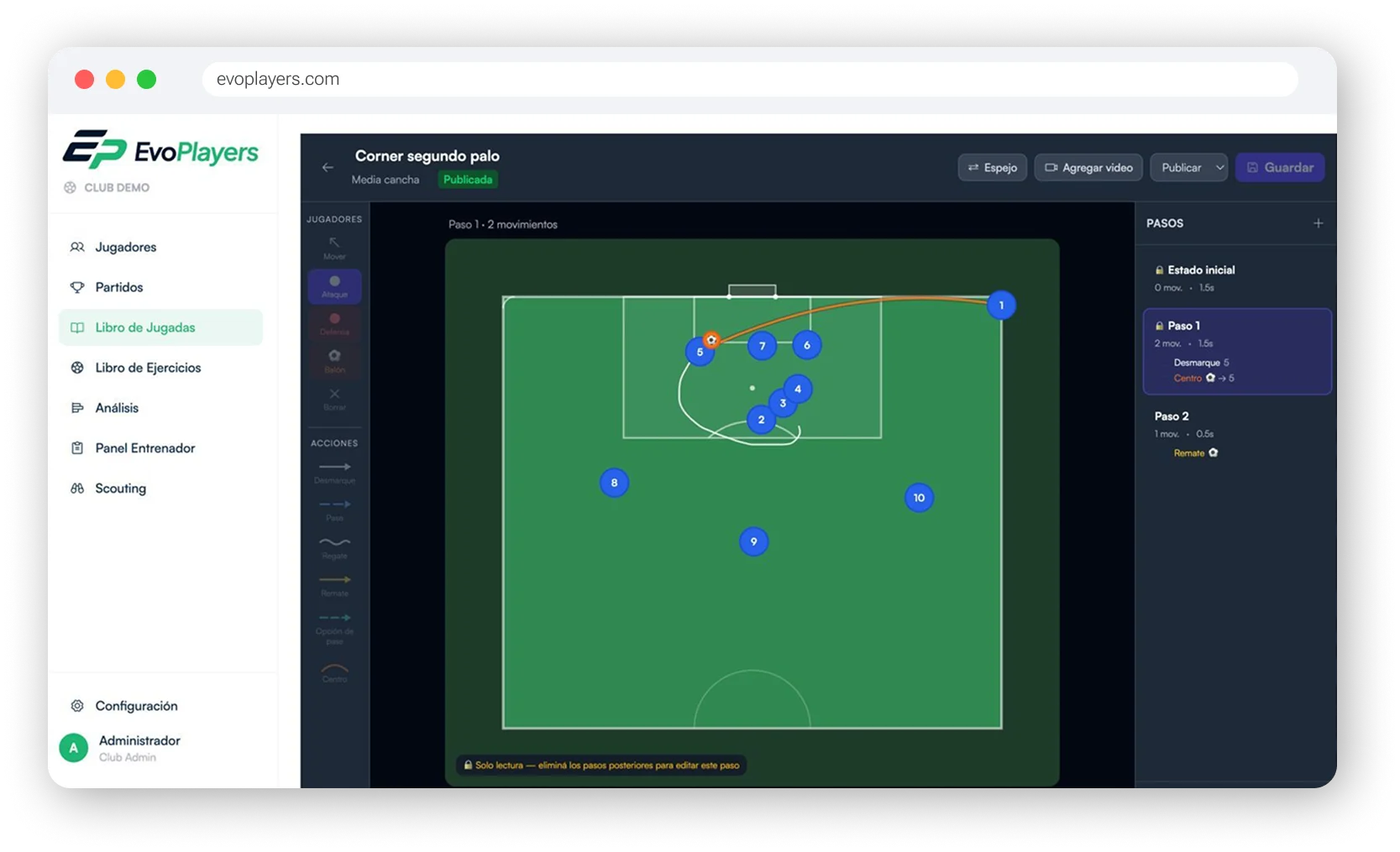 Pizarra táctica — jugada de córner con movimientos y pasos