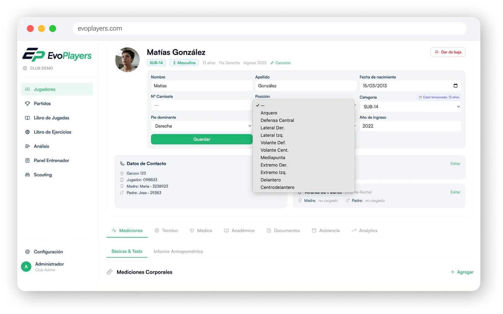 Ficha de jugador — datos personales, puesto y pestañas de seguimiento