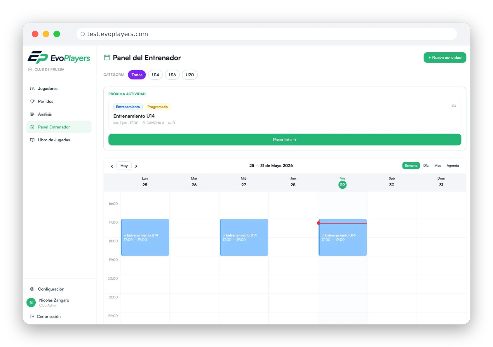 Panel del entrenador — calendario semanal